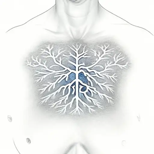 upper body of a person coming out of a wall, tree of life in the chest with a small reference to Fibonacci sequence tattoo design idea