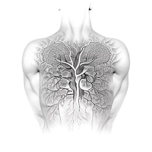 upper body of a statue coming out of my backs, with tree of life in the chest with a small reference to Fibonacci sequen tattoo design idea