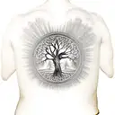 upper body of a statue coming out of my backs, with tree of life in the chest with a small reference to Fibonacci sequen tattoo design idea