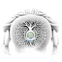 upper body of a statue coming out of my backs, with tree of life in the chest with a small reference to Fibonacci sequen tattoo design idea