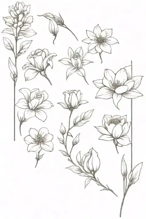 june, july, and march birth flower bouquet fine line tattoo design idea