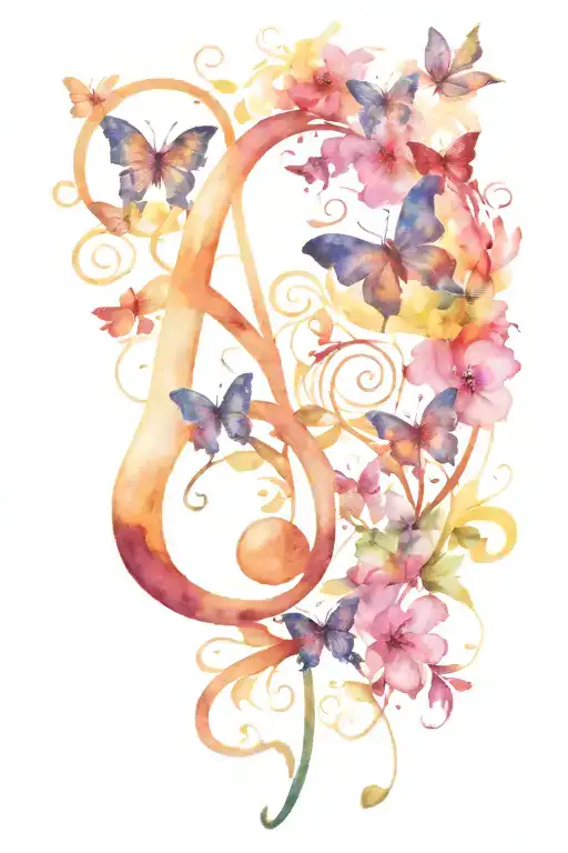 butterfly's hearts an music note intertwined and a angelic theme tattoo design idea