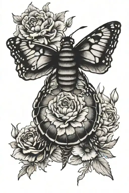 Monarch butterfly sea turtle Marigolds carnation fine line  tattoo design idea