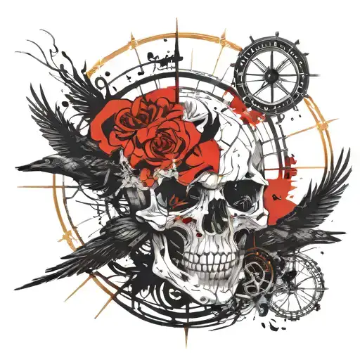 skull,compass,raven,enso circle,footprint tattoo design idea
