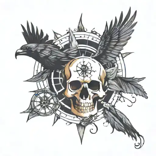 skull,compass,raven and enso tattoo design idea