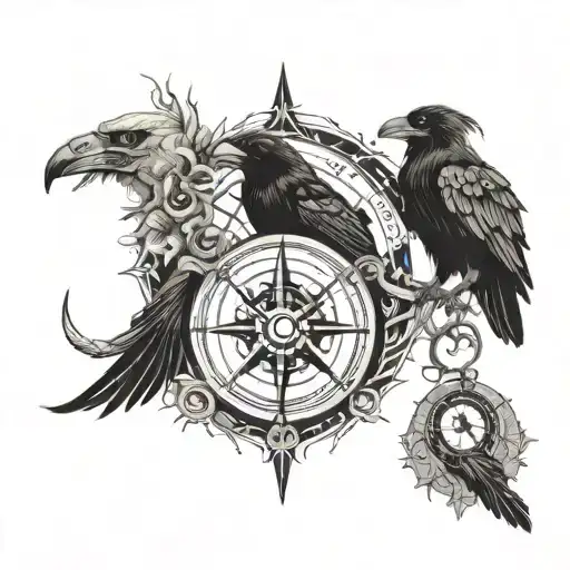 skull,compass,raven,enso circle,footprint tattoo design idea