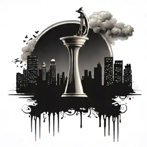 daytrading, candlestick chart, money, skyline, victory, uplifting.  there should be smooth transitions. tattoo design idea