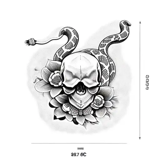 Skull and flowers and snake  tattoo design idea