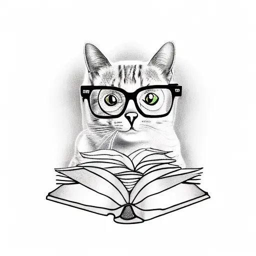 A new-school tattoo of a cat wearing glasses and reading a book on psychology, representing the client's love for animals and psychology tattoo design idea