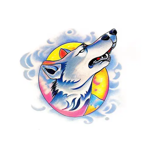 A traditional tattoo of a wolf howling at the moon, surrounded by zodiac symbols, reflecting the client's interest in astrology and animals tattoo design idea