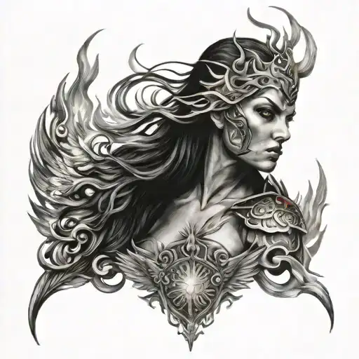 warrior woman,flames, Phoenix tattoo design idea