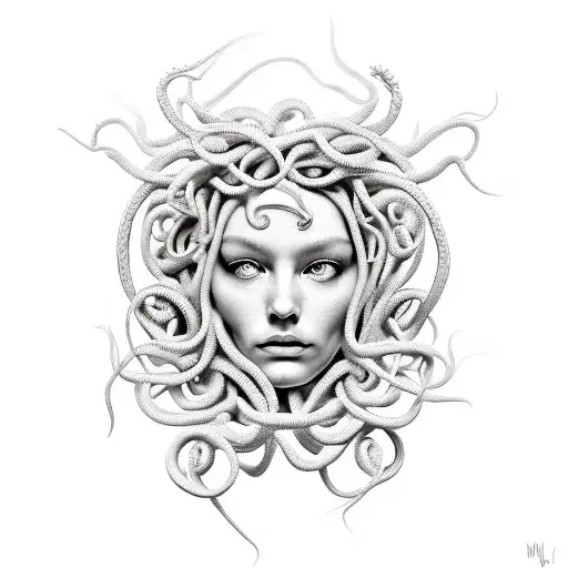 A modern interpretation of Medusa intertwined with spider lillies tattoo design idea