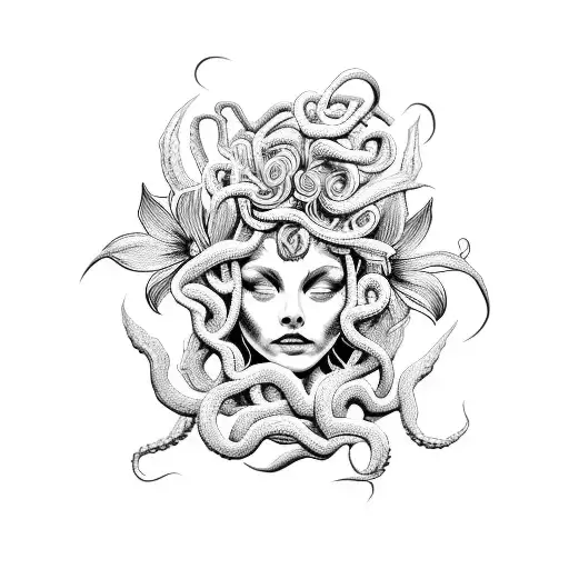 A blackwork tattoo of Medusa's face with spider lillies as her hair tattoo design idea