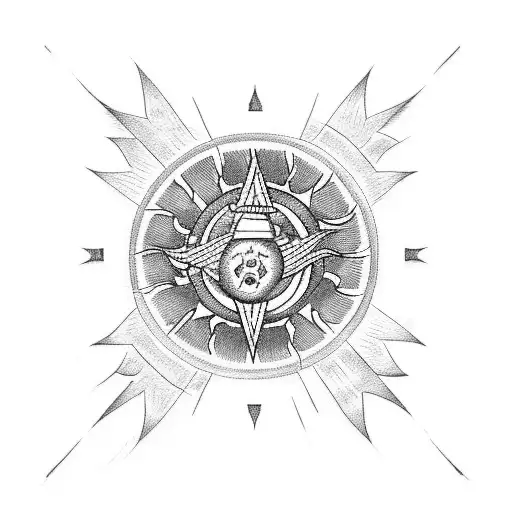 A dotwork tattoo of a sun shining over a marine corps emblem with a shepherd staff entwined around it tattoo design idea