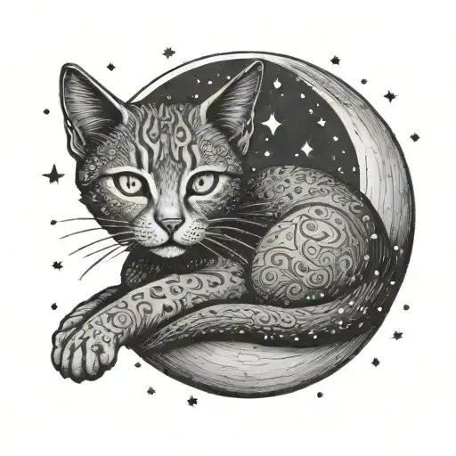 Dotwork tattoo of a cat sitting on a crescent moon with twinkling stars in the background. tattoo design idea