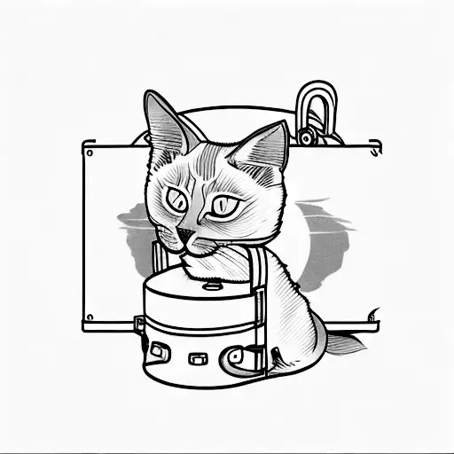 A minimalist tattoo of a Siamese cat sitting on top of a vintage suitcase tattoo design idea