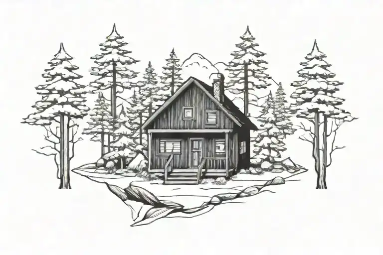 cabin in woods surrounded tattoo design idea