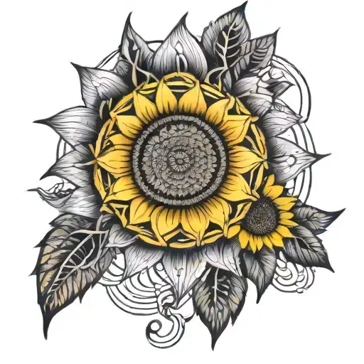 geometric mandala and sunflower sleeve in black and white and fine line and one sunflower lines yellow ink  tattoo design idea
