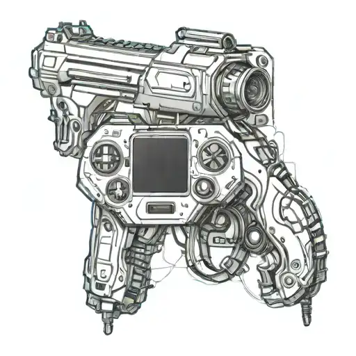 Incorporate a futuristic robotic arm holding a video game controller, with military elements like a gun and police badge integrated into the design tattoo design idea