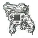 Incorporate a futuristic robotic arm holding a video game controller, with military elements like a gun and police badge integrated into the design tattoo design idea