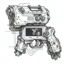 Incorporate a futuristic robotic arm holding a video game controller, with military elements like a gun and police badge integrated into the design tattoo design idea