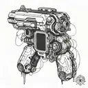 Incorporate a futuristic robotic arm holding a video game controller, with military elements like a gun and police badge integrated into the design tattoo design idea