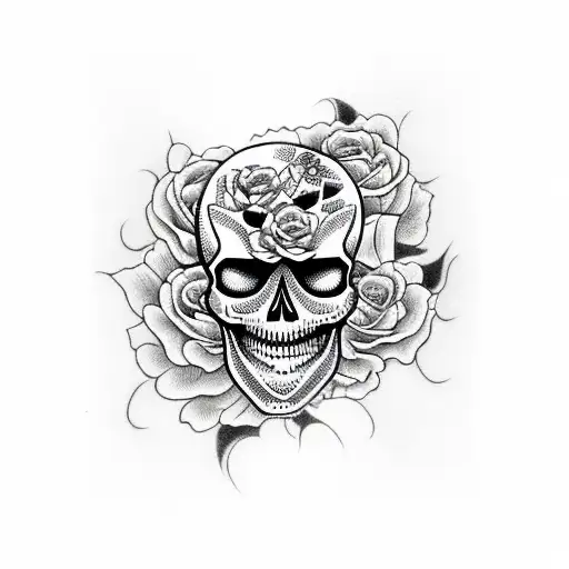scary skull with roses  tattoo design idea