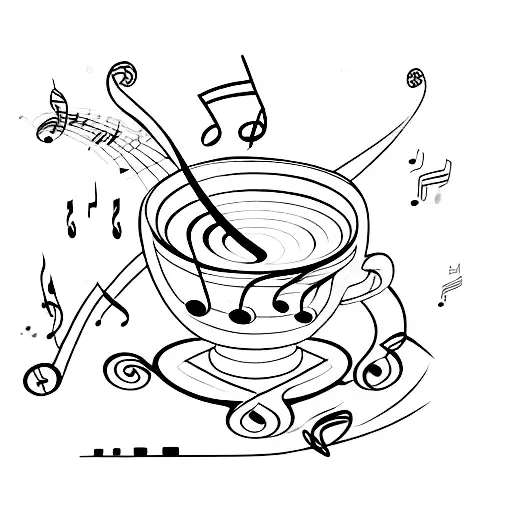 A blackwork tattoo of a coffee cup with musical notes swirling around it, symbolizing the soothing and uplifting power of music and caffeine. tattoo design idea