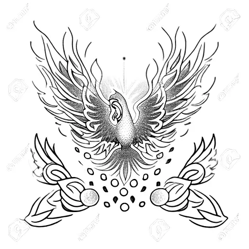 A dotwork tattoo of a phoenix rising from the ashes, surrounded by prayer beads, representing the journey of healing and transformation after surviving emotional and mental abuse. tattoo design idea