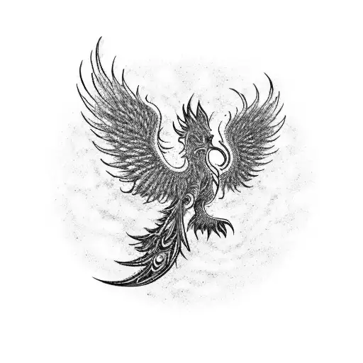 A dotwork tattoo of a phoenix rising from the ashes, surrounded by prayer beads, representing the journey of healing and transformation after surviving emotional and mental abuse. tattoo design idea
