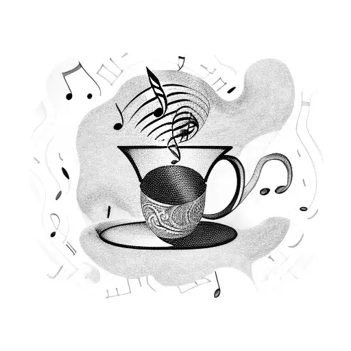 A blackwork tattoo of a coffee cup with musical notes swirling around it, symbolizing the soothing and uplifting power of music and caffeine. tattoo design idea