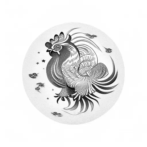 Chinese rooster flying in the space tattoo design idea