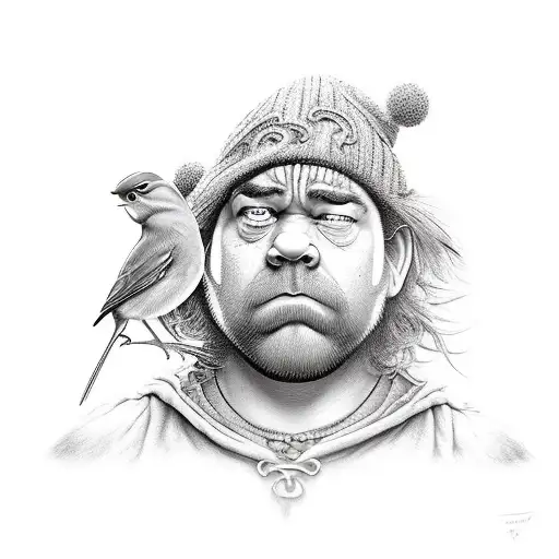 Grumpy Dwarf with a Robin and 2 frogs  tattoo design idea