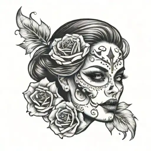tattoo stencil of a Woman face with half skull,  tattoo design idea