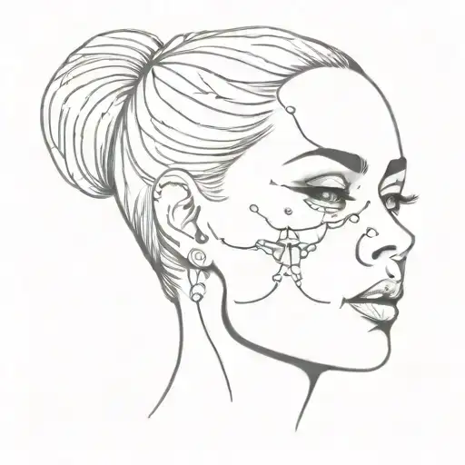 tattoo stencil of a Woman face with half realistic  skull,  tattoo design idea