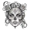 tattoo stencil of a Woman face with half skull,  tattoo design idea