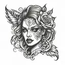 tattoo stencil of a Woman face with half skull,  tattoo design idea