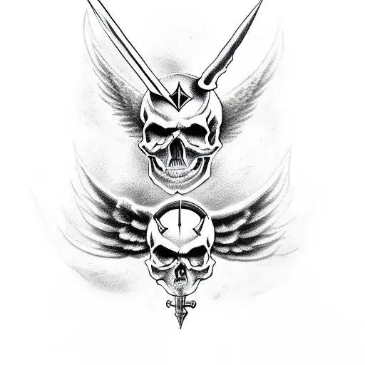 skull with small devil horns with a sword through it being held by a angel tattoo design idea