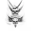 skull with small devil horns with a sword through it being held by a angel tattoo design idea
