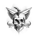 skull with small devil horns with a sword through it being held by a angel tattoo design idea