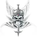 skull with small devil horns with a sword through it being held by a angel tattoo design idea