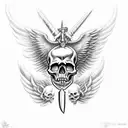 skull with small devil horns with a sword through it being held by a angel tattoo design idea