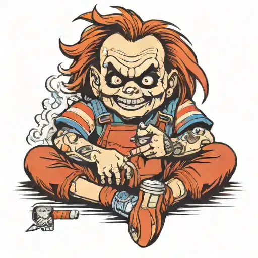 tattooed chucky smoking sitting tattoo design idea
