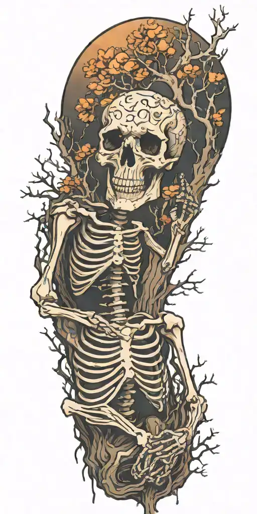 skeleton resting on a tree with middle finger up at nuke blast tattoo design idea