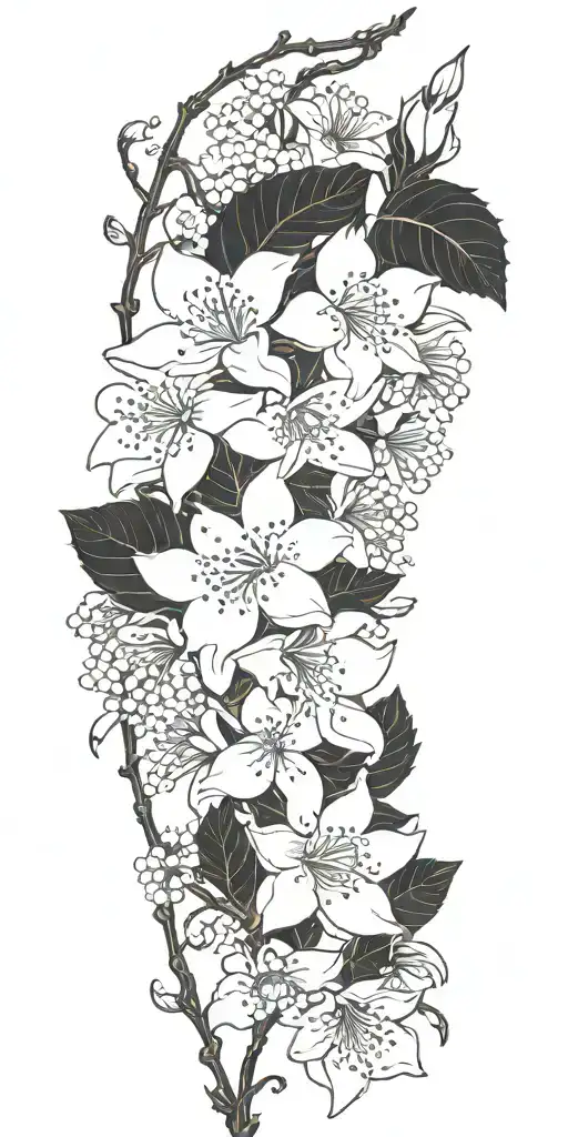 tiny little white flowers on a vine with red thorns tattoo design idea