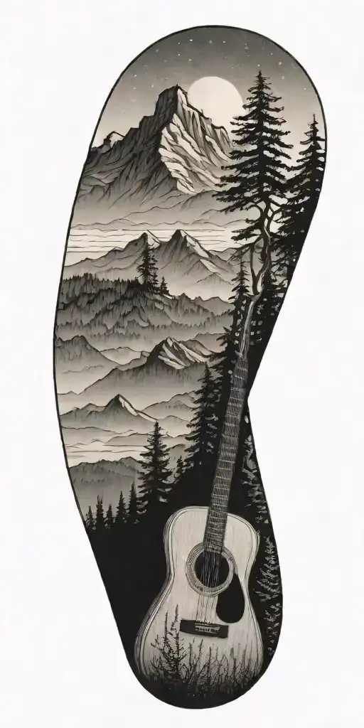 A mountain landscape with a hiking trail winding through it and a guitar leaning against a tree tattoo design idea