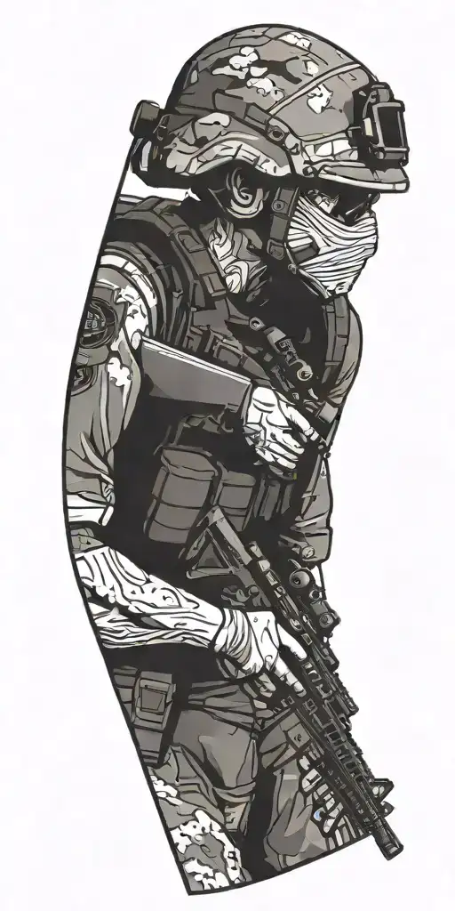 A soldier in camouflage gear aiming a rifle, with a mountain range in the distance tattoo design idea