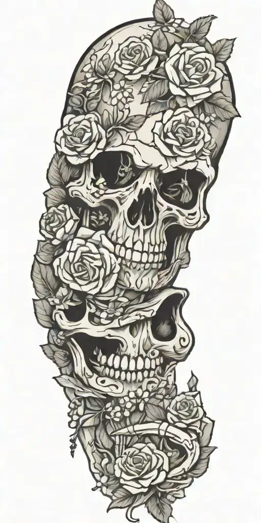 skeleton with middle finger up with flowers around it tattoo design idea