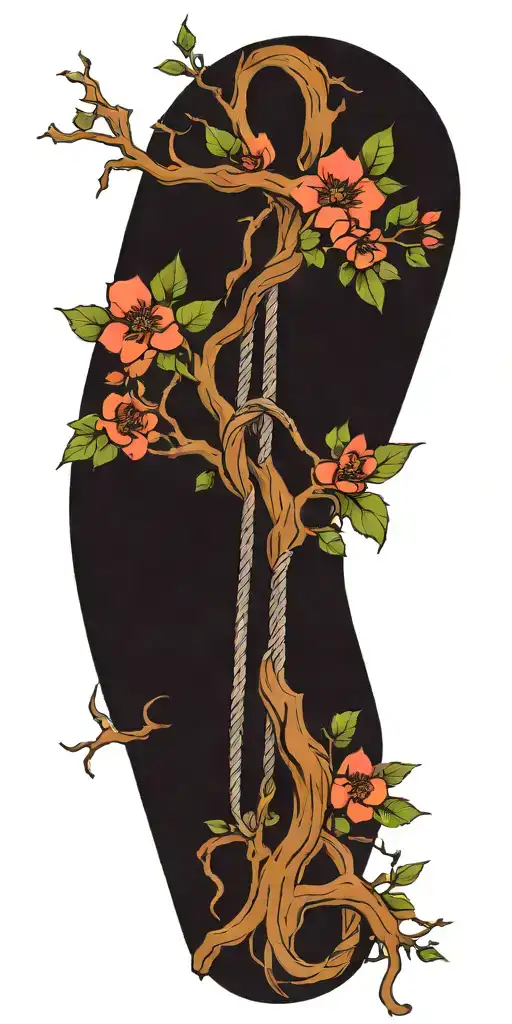 tree with a noose and flowers running up the noose tattoo design idea