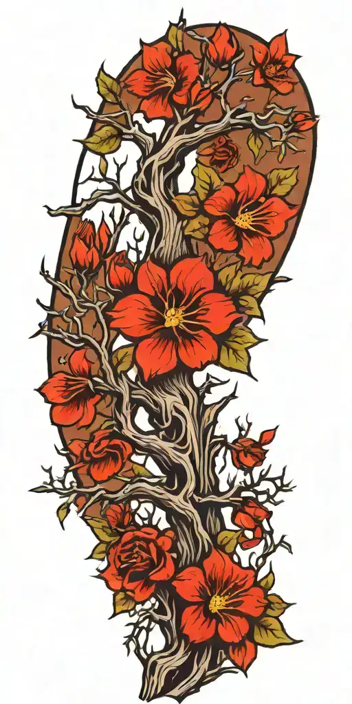 dead trees with vines and red flowers  tattoo design idea